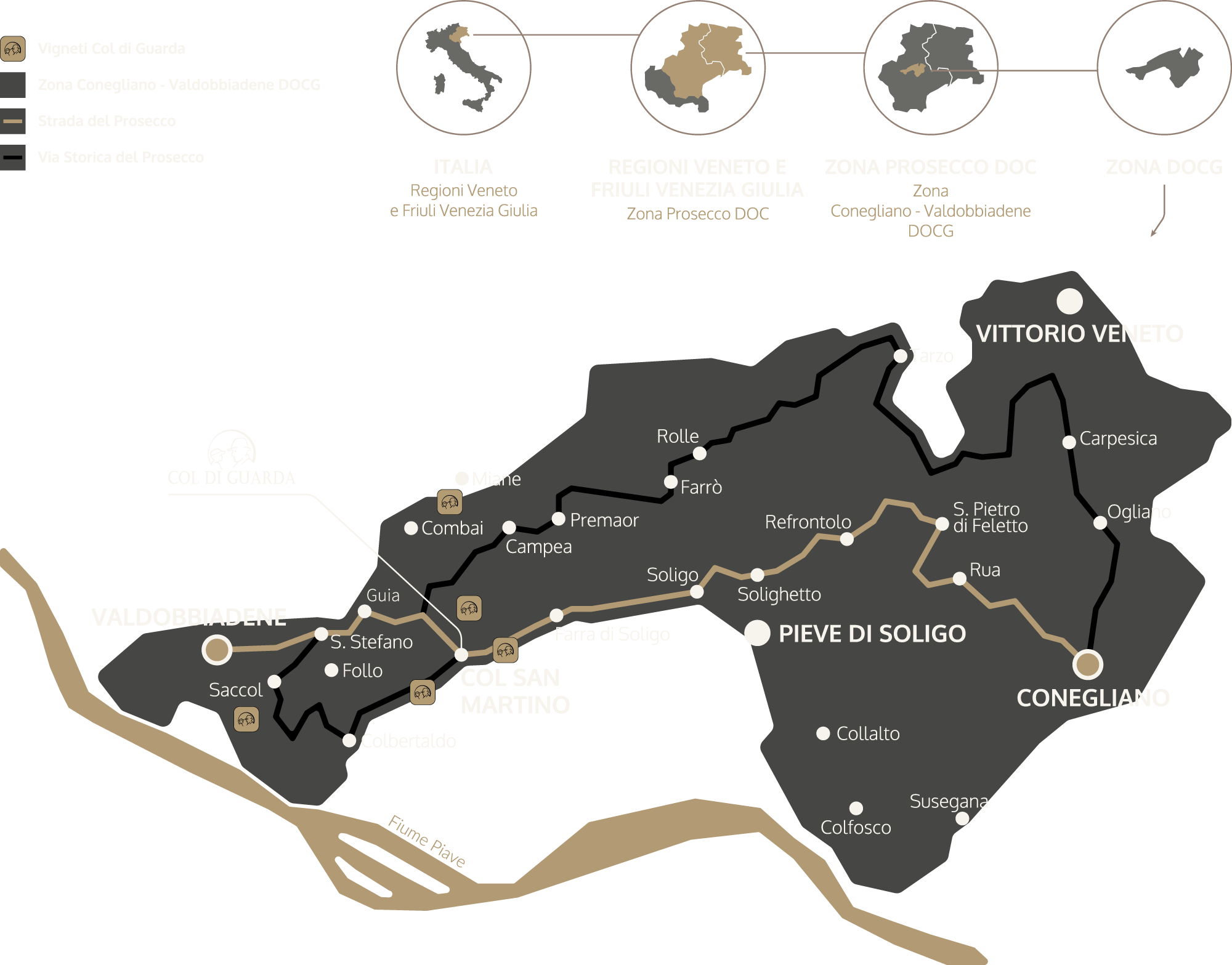 Grafica che spiega il posizionamento geografico dell'area del Prosecco DOCG