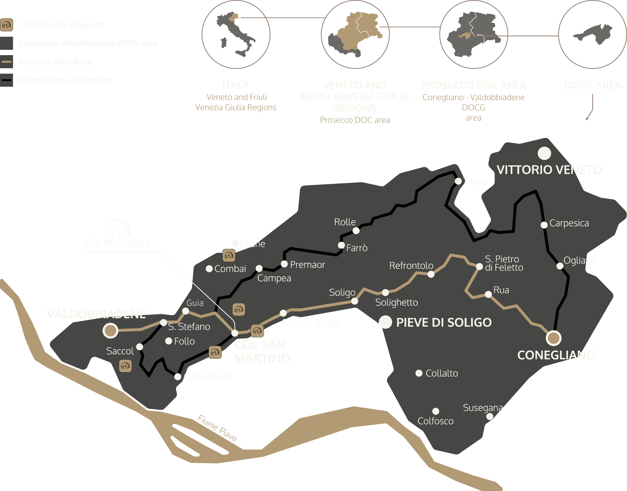 Graphic showing the geographical location of the Prosecco DOCG area